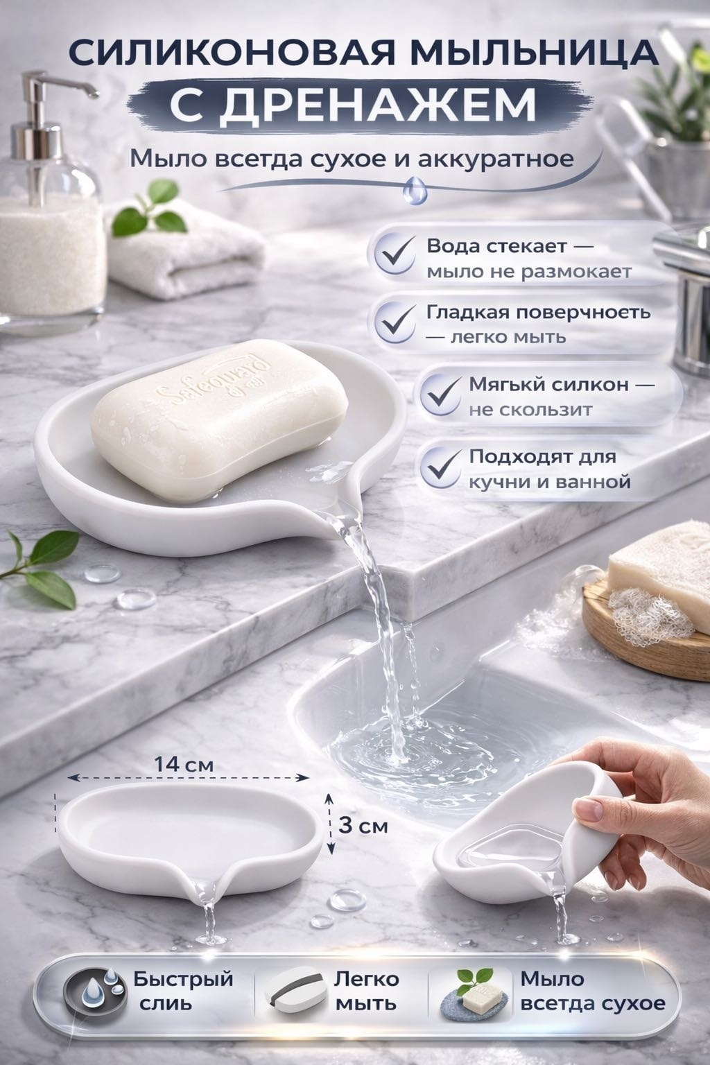 RMXX мыльница в ванную и кухню со сливом на присоске белая 1 шт, силикон