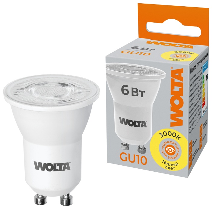 Wolta 6W GU10, светодиодная, теплый белый