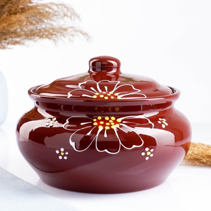 Псковский гончар горшок Ромашка коричневая, 1.8 л, 1520.8 см, керамика