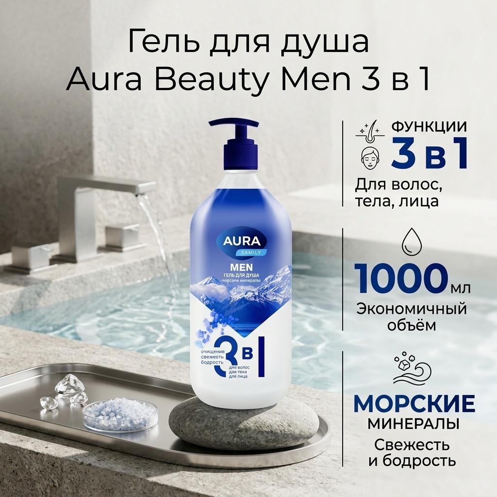 Aura Beauty свежесть бодрость, Men Очищение гель 1000 мл