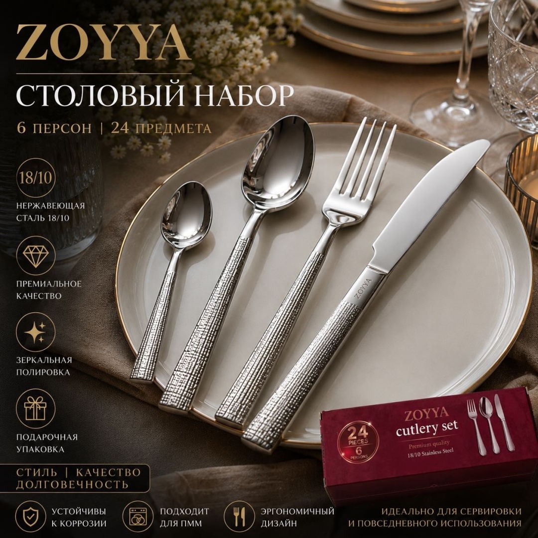 Набор столовых приборов ZOYYA 24 шт, серебристый 55723490
