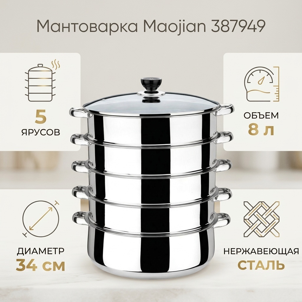 Мантоварка 8 л, Maojian нержавеющая сталь, количество ярусов: 5