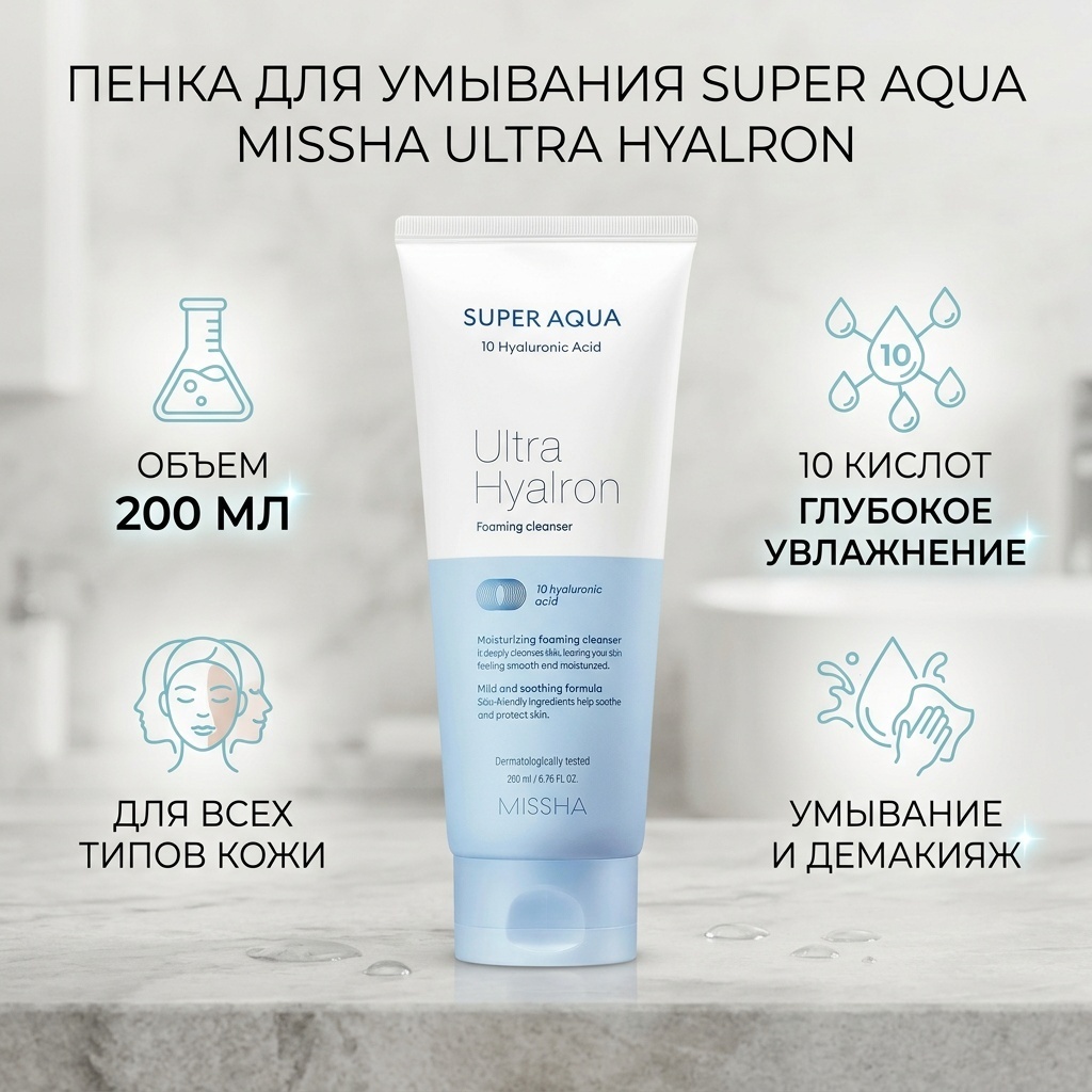 MISSHA Пенка Super Aqua Ultra Hyalron для умывания и снятия макияжа пенка 200 мл