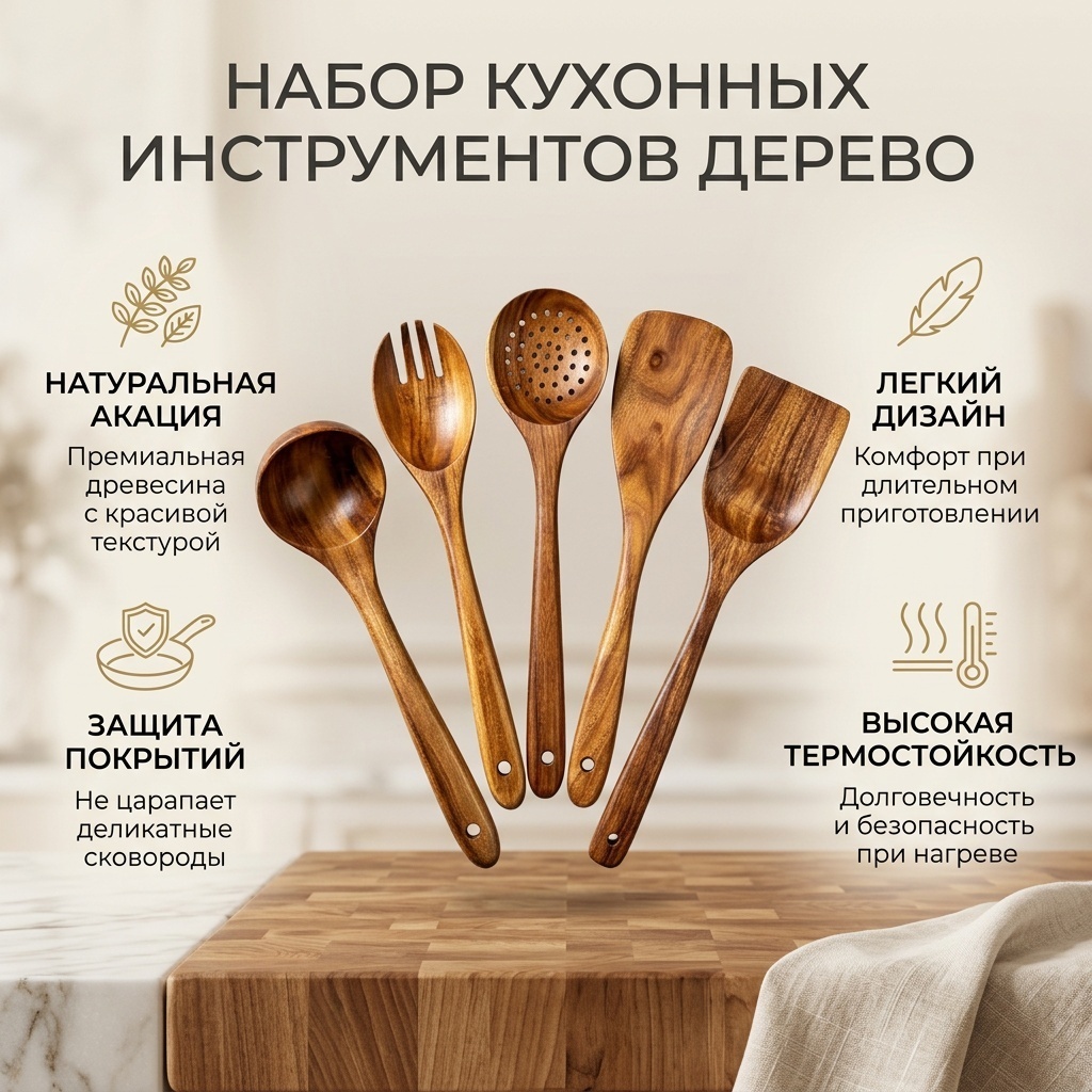 Набор кухонных инструментов дерево, 6 шт