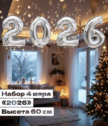 Набор воздушных шаров KRAUBAY Новый год, цифры, Рождество, праздник 4 шт, серебристый