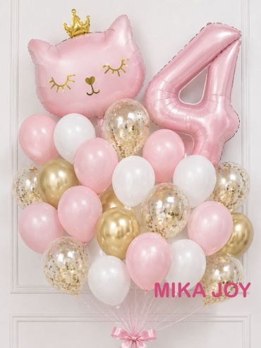Набор воздушных шаров MIKA JOY Кошечка с цифрой 4 года 32 шт, белый, розовый, золотистый