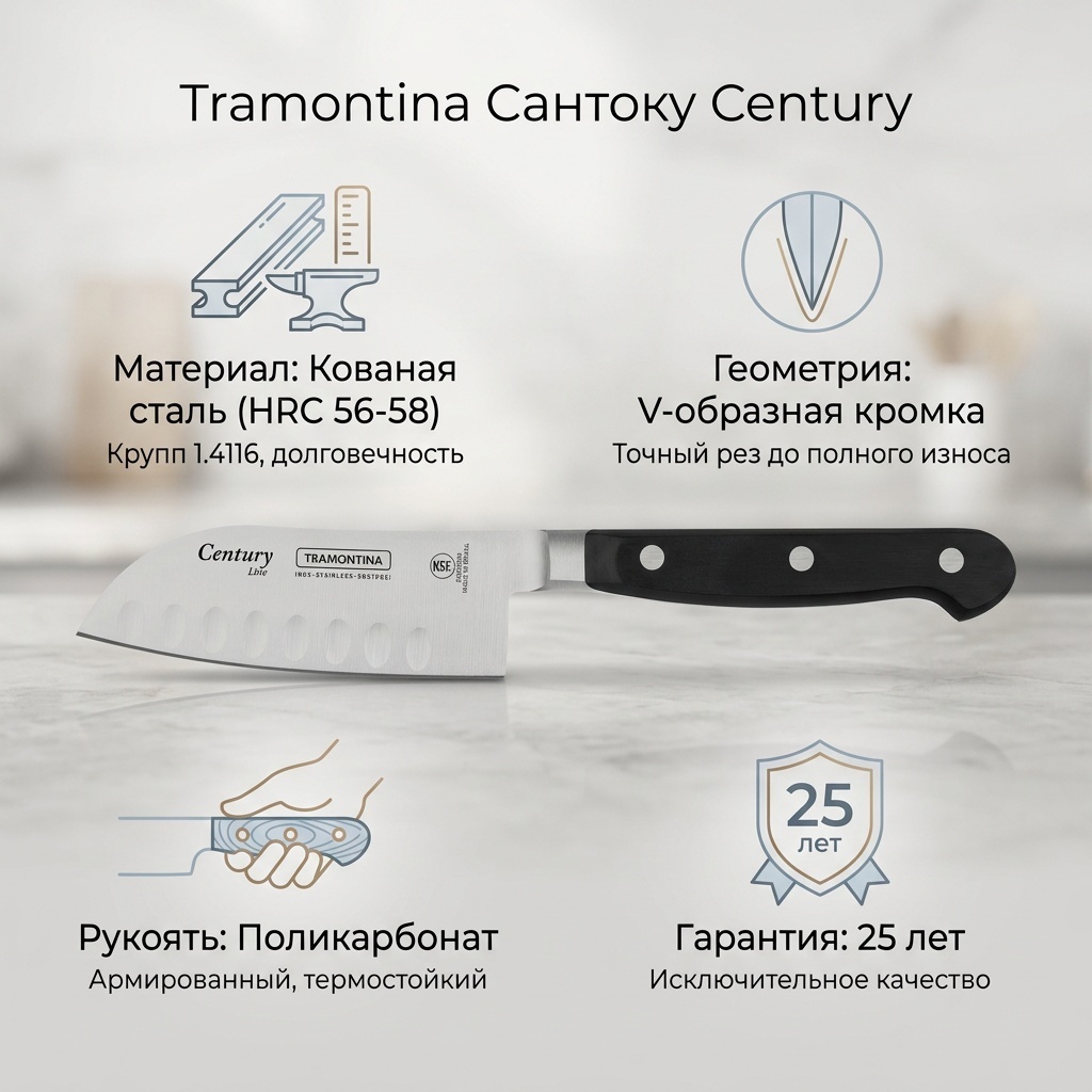 Нож сантоку Tramontina, лезвие: нержавеющая сталь 1 шт