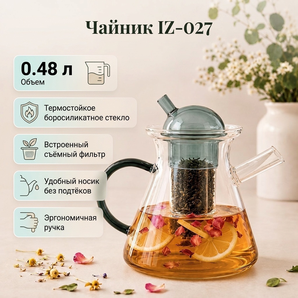 Чайник IZ-027 0.48 л, стекло