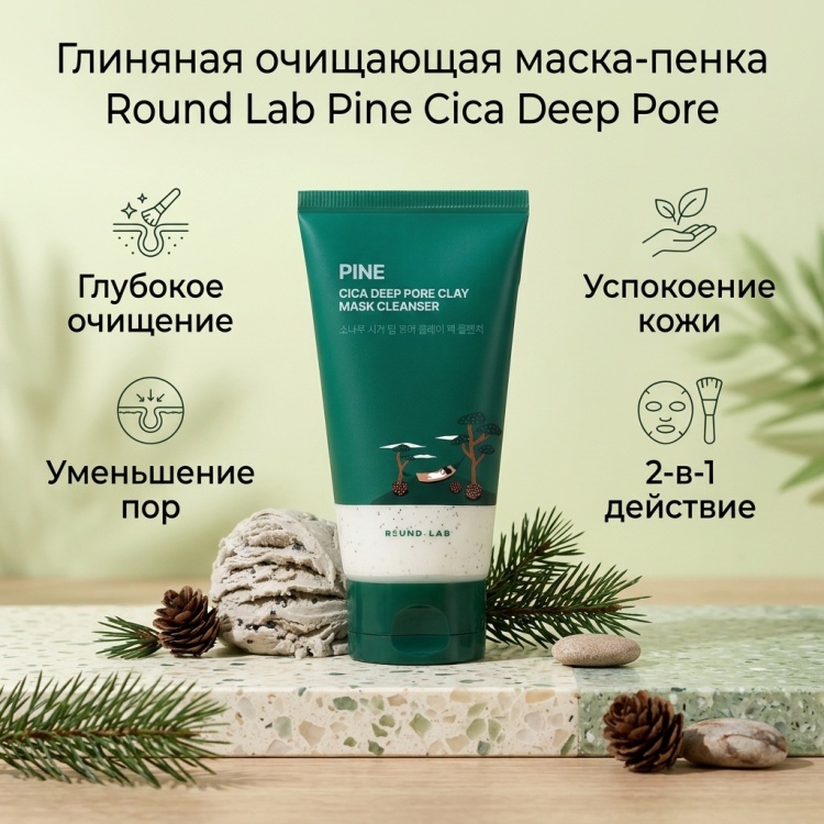 Маска для лица Round Lab глиняная Pine Cica Deep Pore Clay Mask Cleanser Очищающая Маска Глина 150ml 150 мл