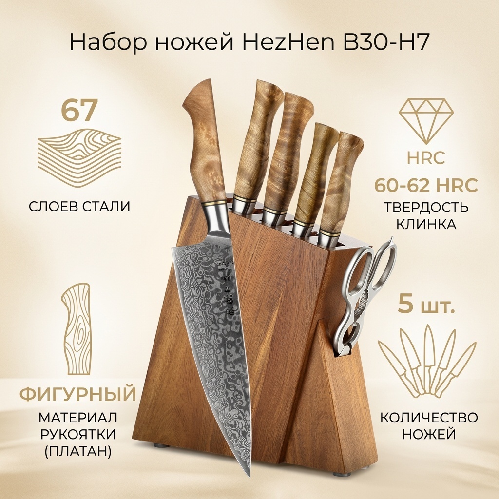 Набор ножей HezHen B30-H7, лезвие: дамасская сталь 5 шт