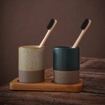 Eva Goods стакан для зубных щеток на бамбуковом подносе, 2 шт, керамика