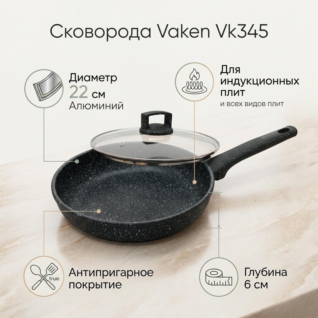 Сковорода Vaken Vk345 22 см с антипригарным покрытием, алюминий