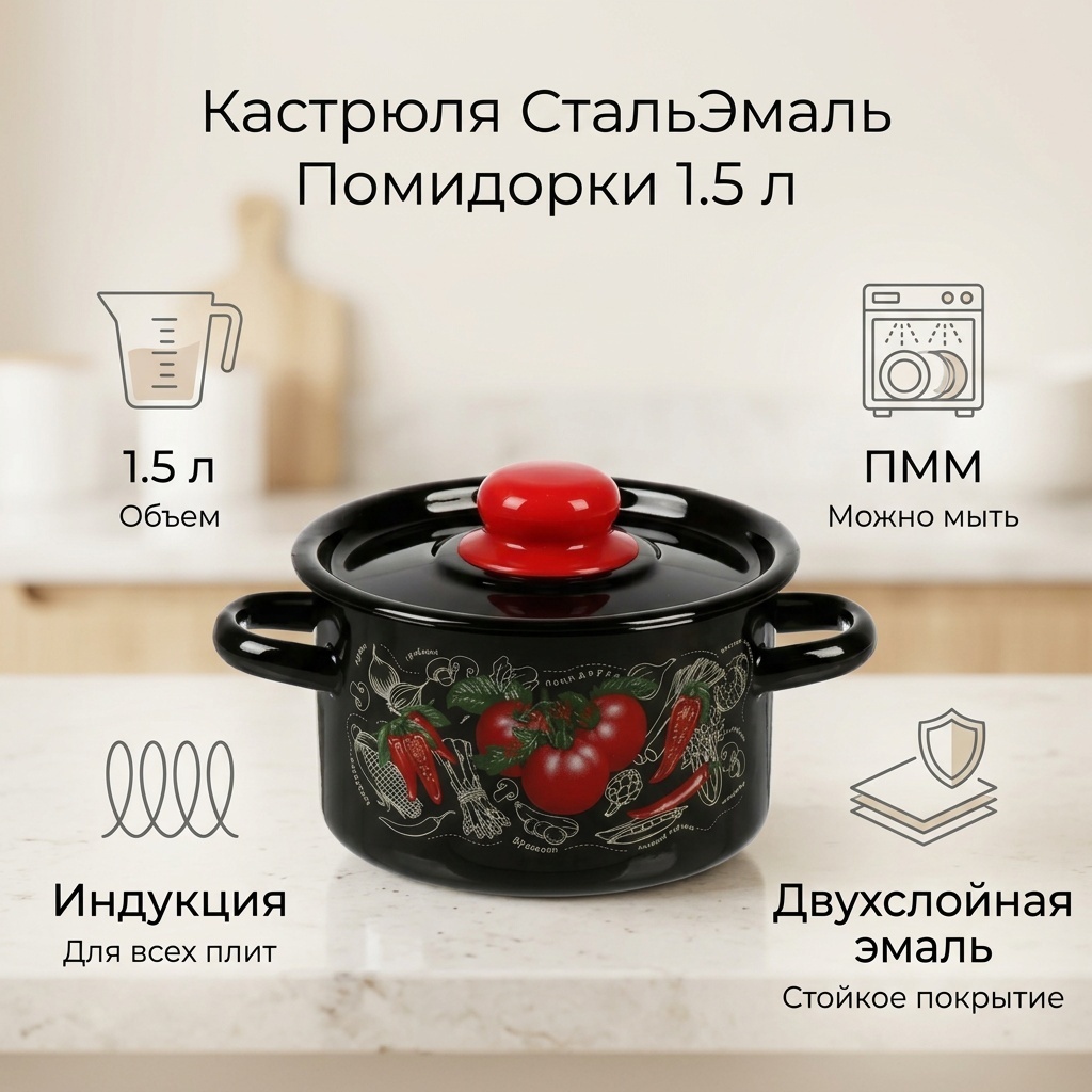 Кастрюля 1.5 л, СтальЭмаль 1с15с/Помидорки сталь