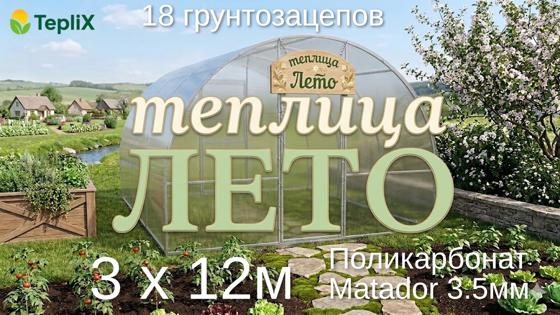 Теплица TepliX Лето 3х12м Matador 3,5мм 210x300x1200 см, поликарбонат
