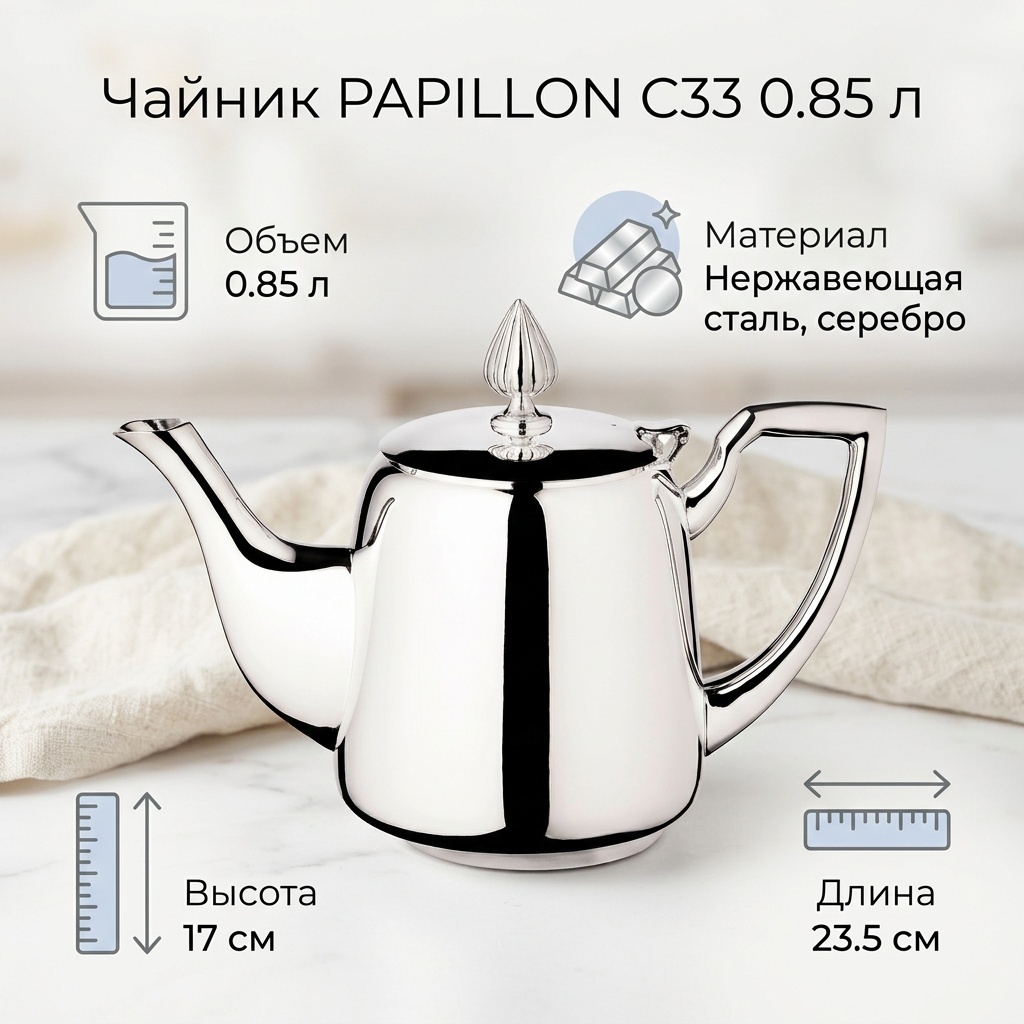 Чайник PAPILLON С33 0.85 л, серебро, нержавеющая сталь