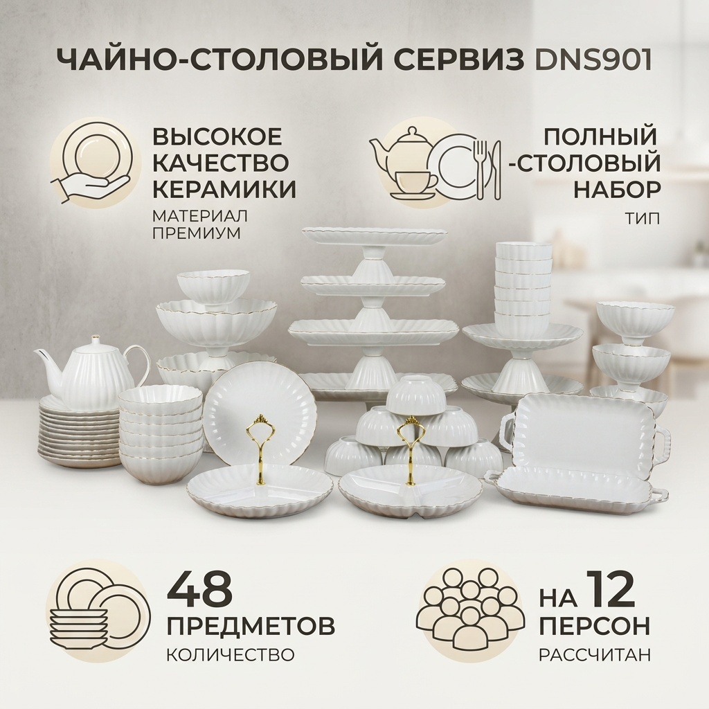 Сервиз на 12 персон DNS901, предметов: 48, чайно-столовый, керамика