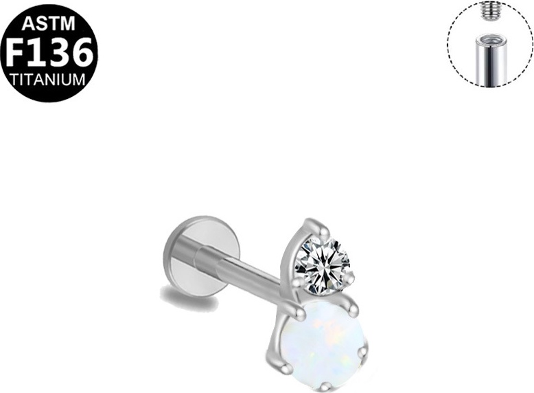Лабрет 30400005_Пирсинг Бижутерный Round+Opal White титановый сплав, цирконий, опал