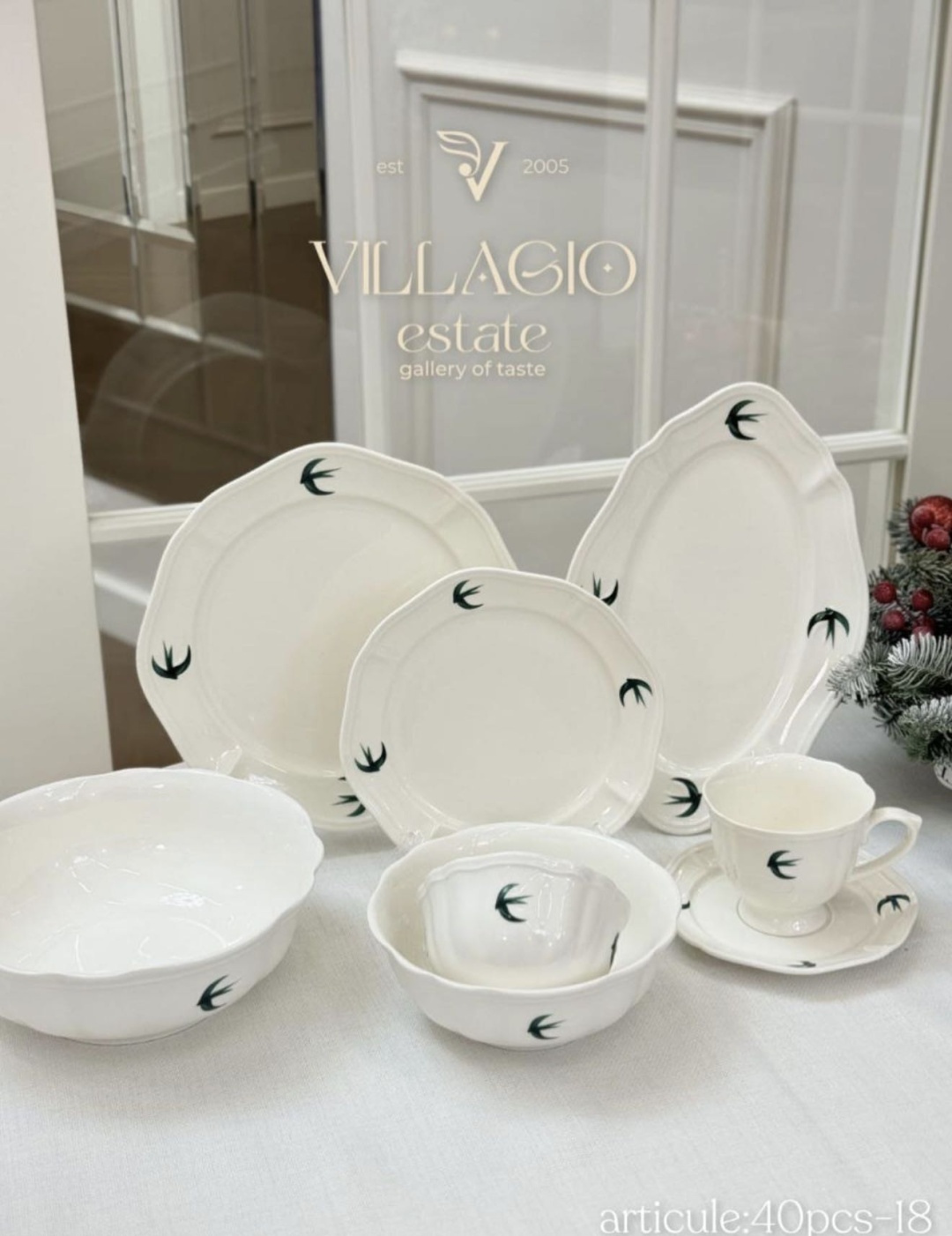 Сервиз на 6 персон Villagio estate Ласточка зеленым цветом, предметов: 40, чайно-столовый, костяной фарфор