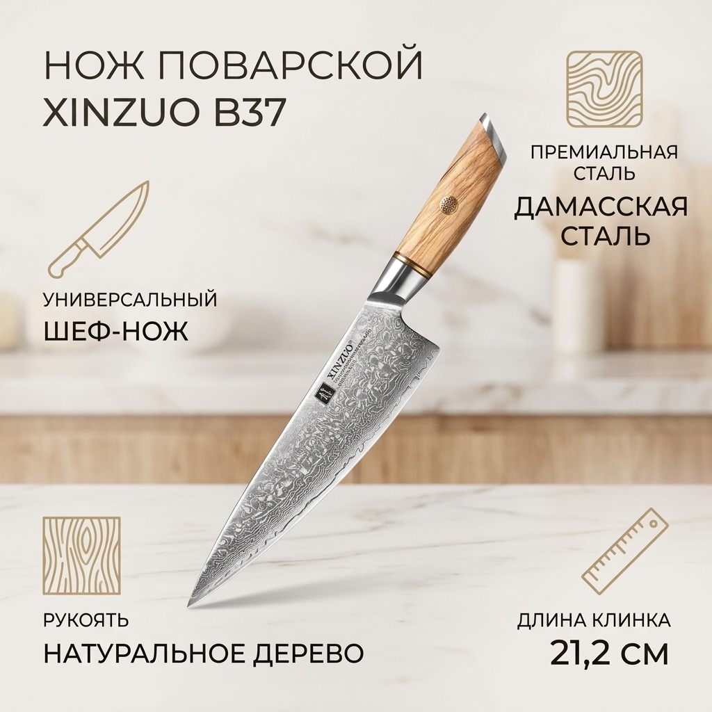 Нож поварской XINZUO, лезвие: дамасская сталь 1 шт