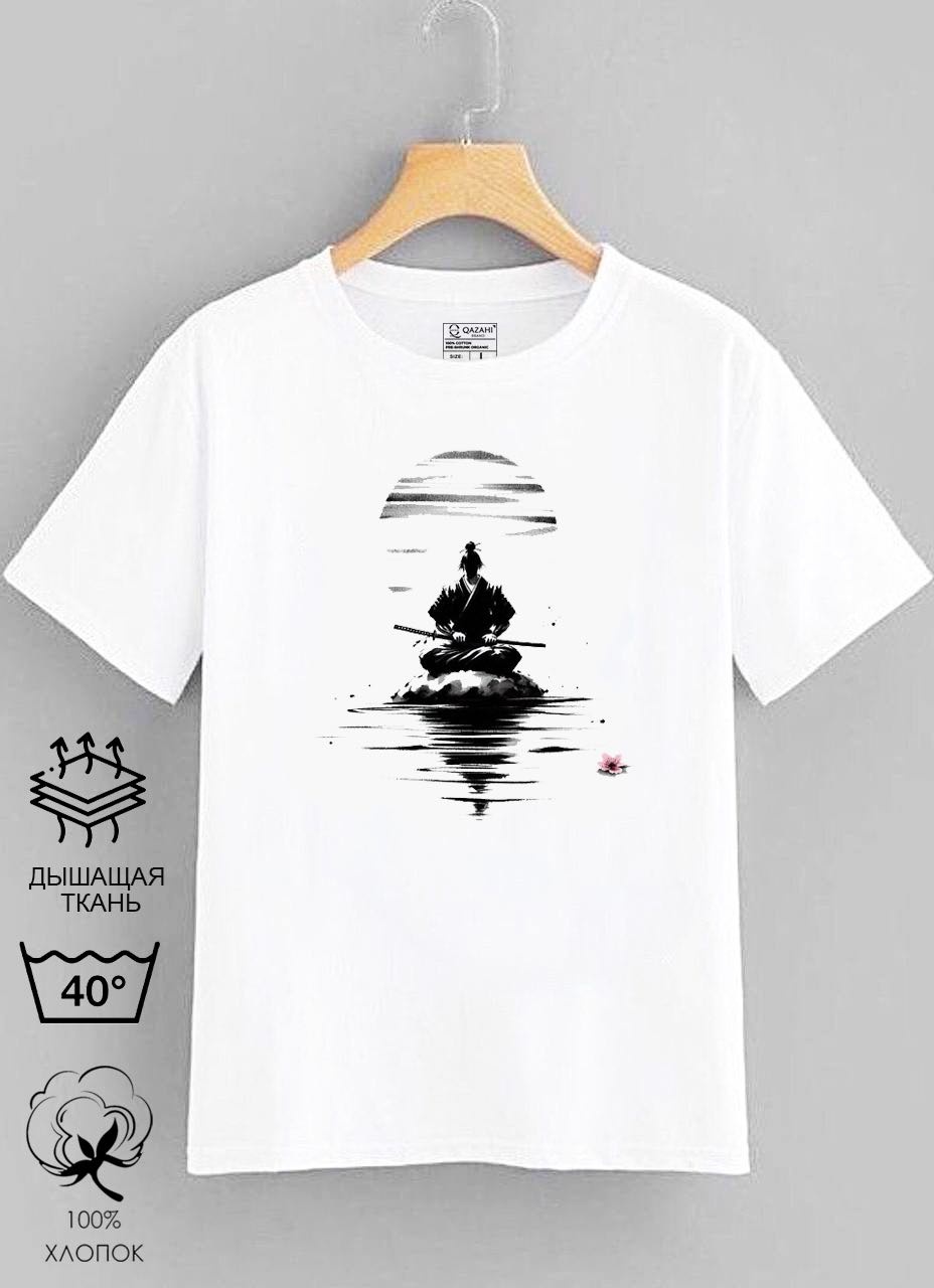 Футболка Qazahi brand Самурай, солнце, эстетика самурая белый