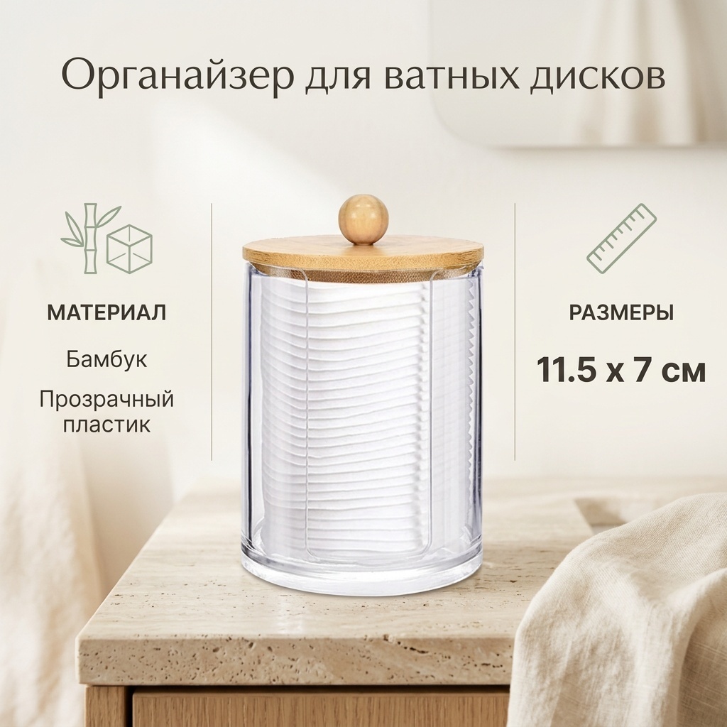Органайзер для ватных дисков пластик, бамбук 11.5×7 см