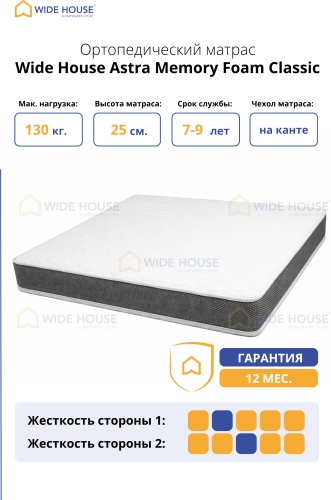 Матрас WIDE HOUSE Astra Memory Foam Classic, 180x195x25 см