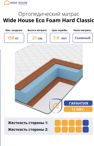 Матрас WIDE HOUSE Eco Foam Hard Classic, 150x185x21 см