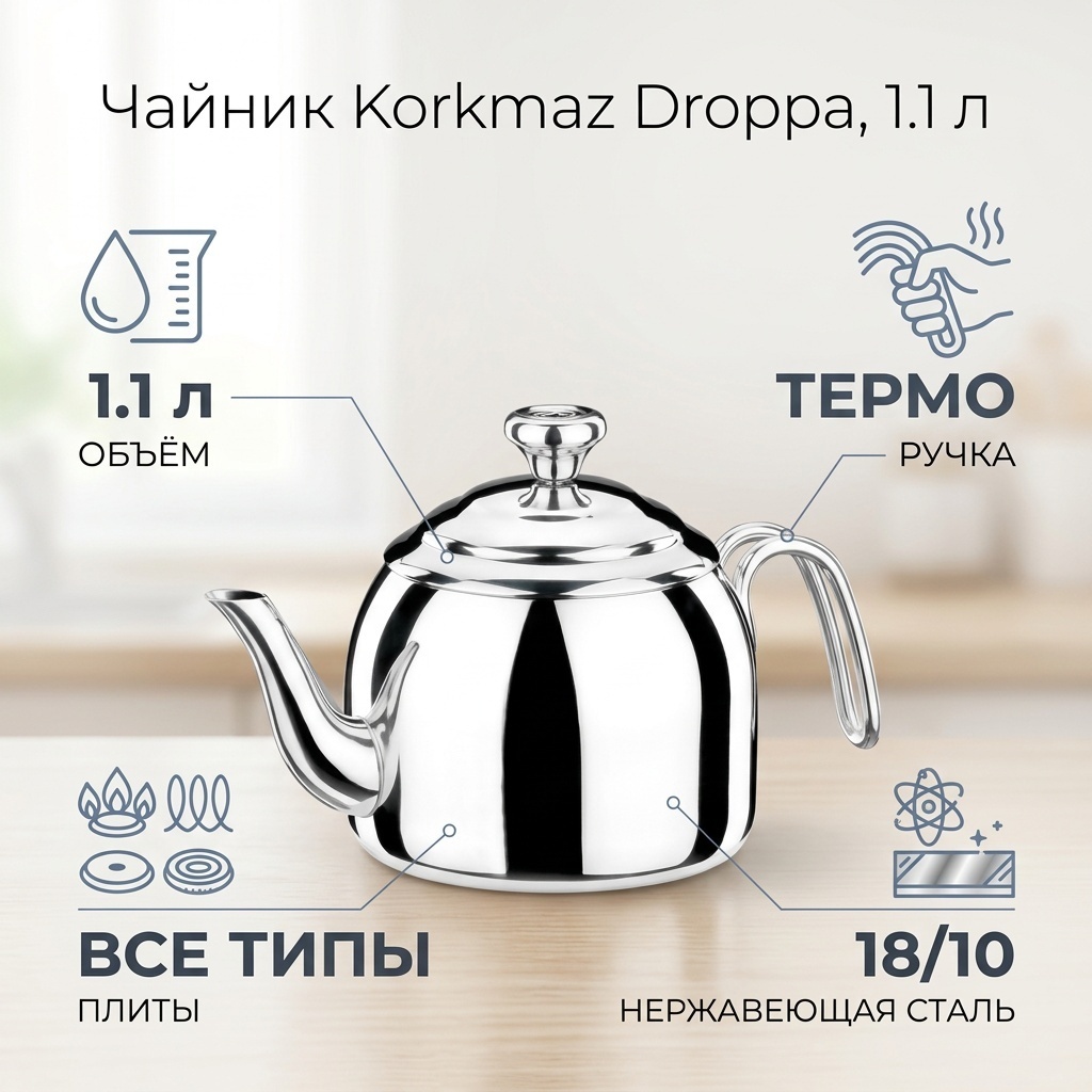Korkmaz чайник A051 1.1 л, нержавеющая сталь