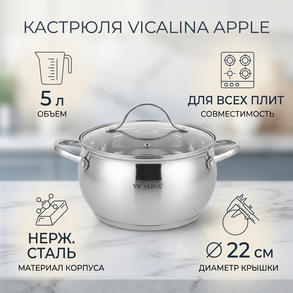 Кастрюля 5 л, Vicalina Apple нержавеющая сталь
