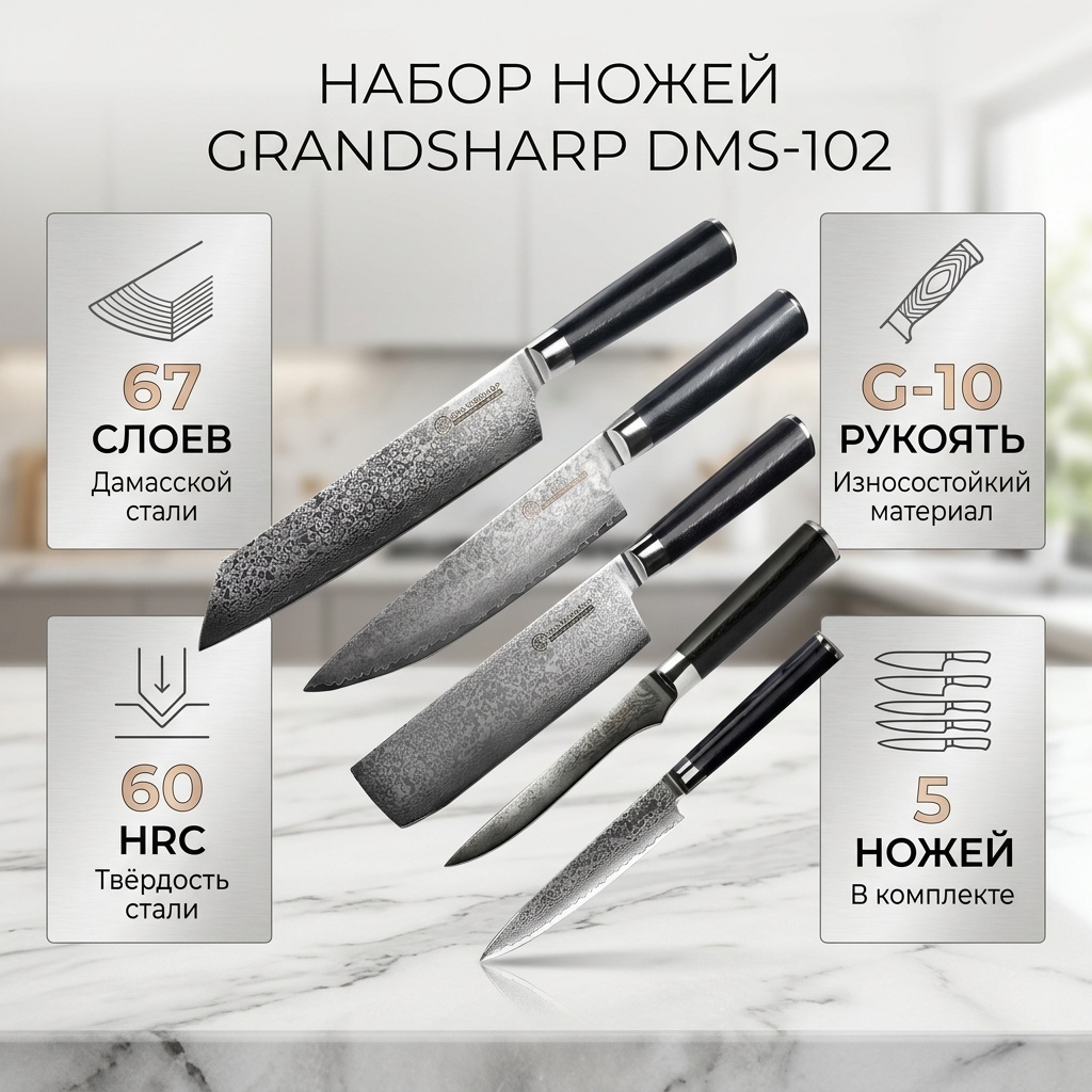 Набор ножей GRANDSHARP DMS-102, лезвие: дамасская сталь 5 шт
