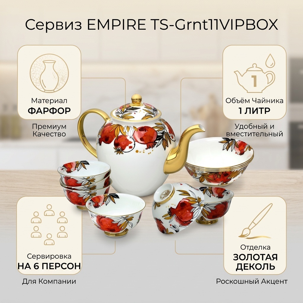 Сервиз на 6 персон EMPIRE Гранатовый сад, предметов: 11, чайный, фарфор