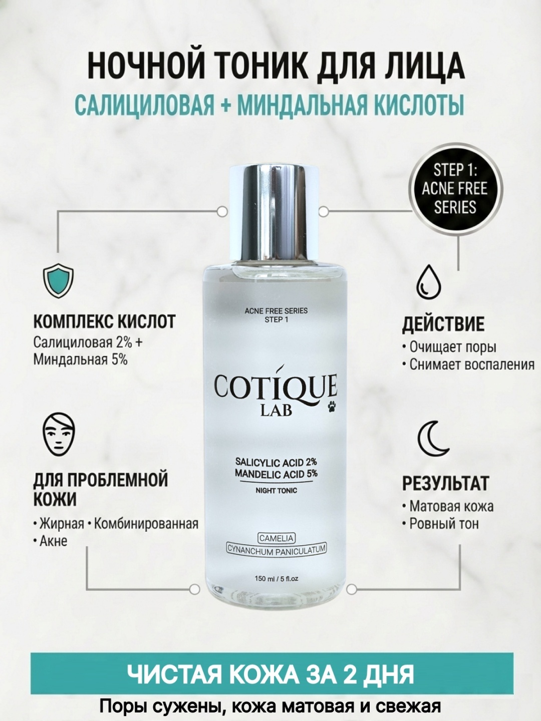 CotÍque Lab тоник Тоник от прыщей с салициловой 2% и миндальной 5% кислотами 150 мл