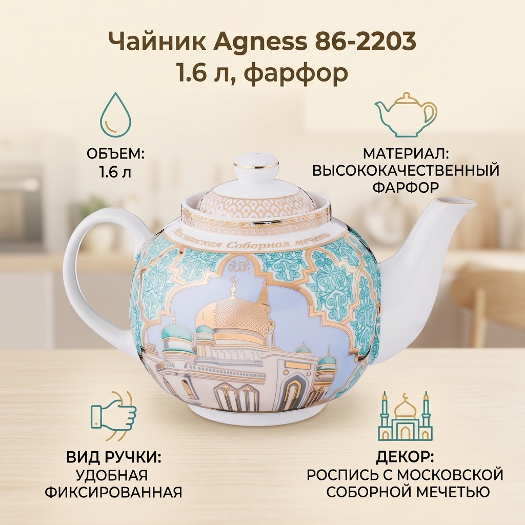 Чайник Agness 86-2203 1.6 л, фарфор