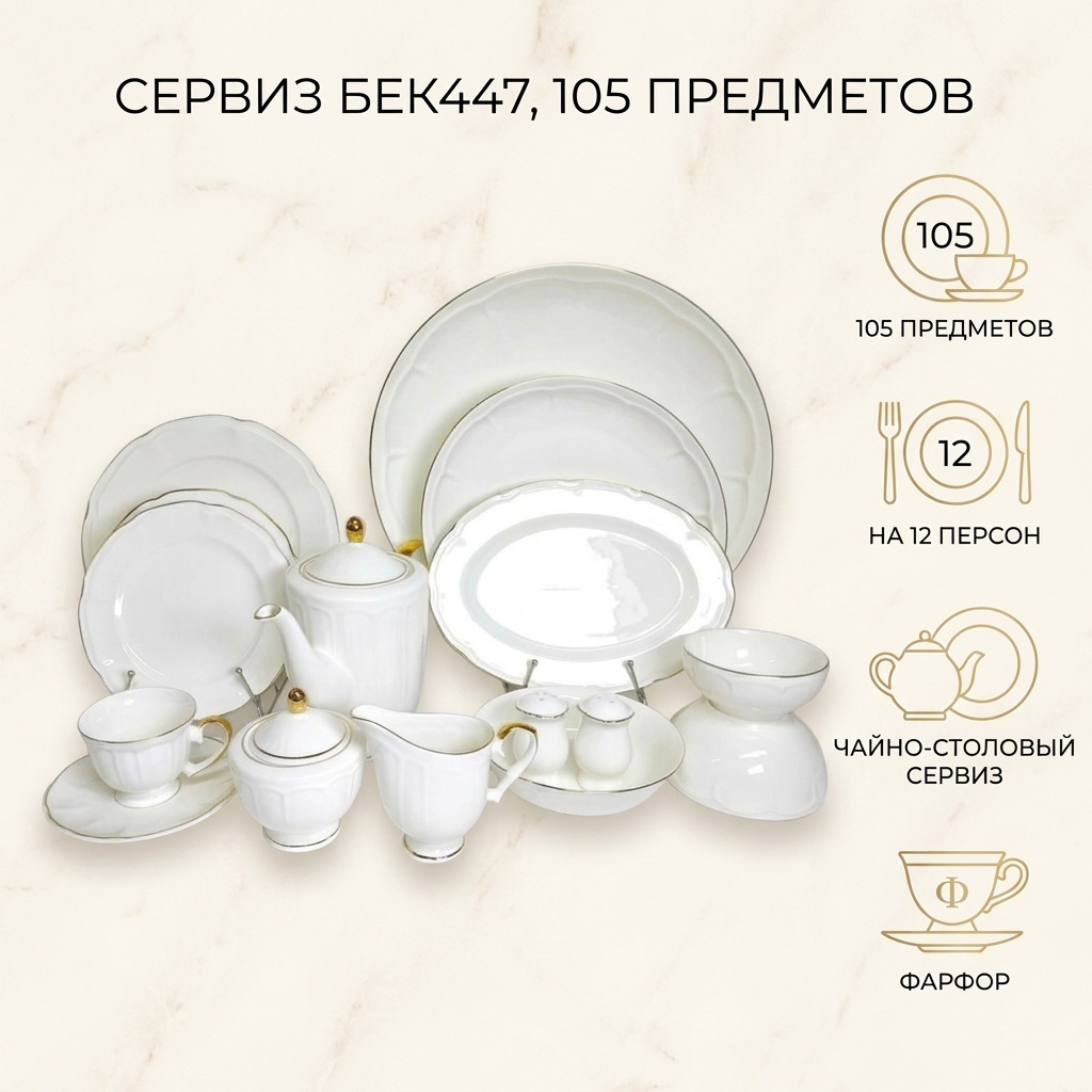 Сервиз на 12 персон золотой ободок, предметов: 105, чайно-столовый, фарфор