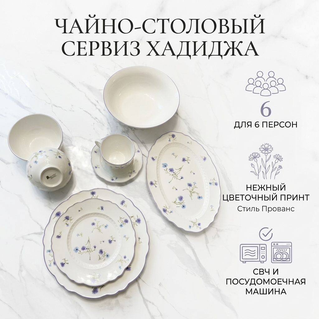 Сервиз на 6 персон Хадиджа Принт: Цветочный (полевые цветы, васильки), белый фон, лиловая окантовка, предметов: 39, чайно-столовый, фарфор