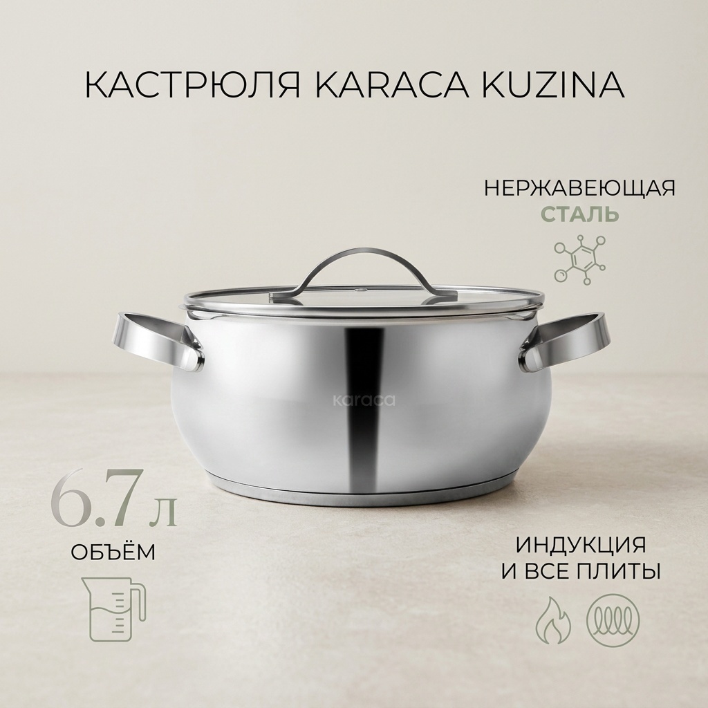 Кастрюля 6.7 л, Karaca 8683650066224 сталь