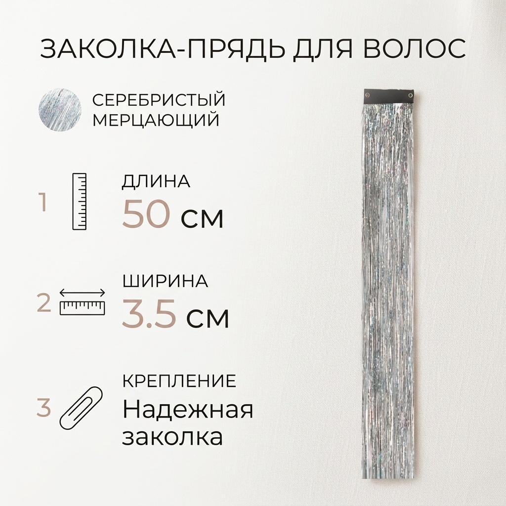 Заколка-прядь 1 шт, серебристый