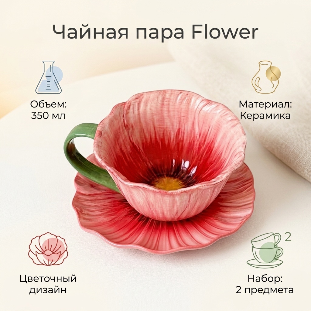 Чайная пара Flower, 350 мл, керамика, 1 шт.