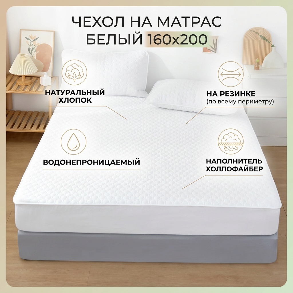 Чехол на матрас на резинке Белый 160x200, хлопок