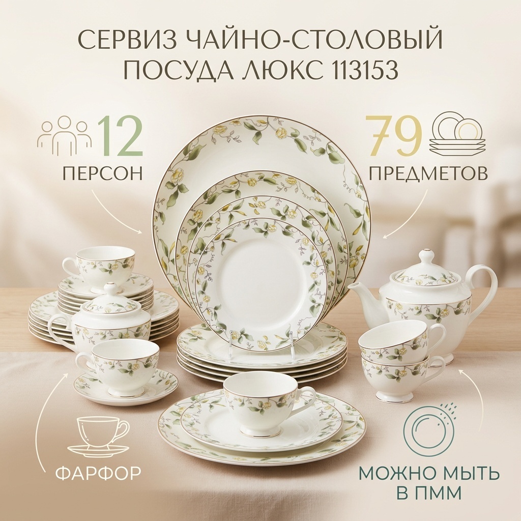 Сервиз на 12 персон Посуда Люкс Прованс, предметов: 79, чайно-столовый, фарфор