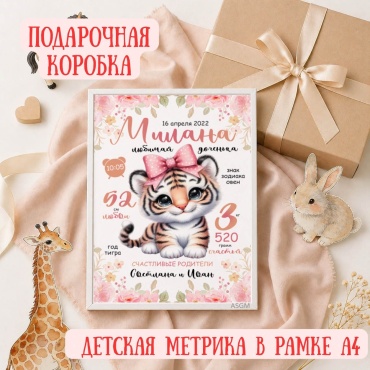 ASGM фоторамка Метрика ребенка в рамке А4 Детская метрика новорожденного с именем Подарок новорожденному Для девочки Новорожденная девочка