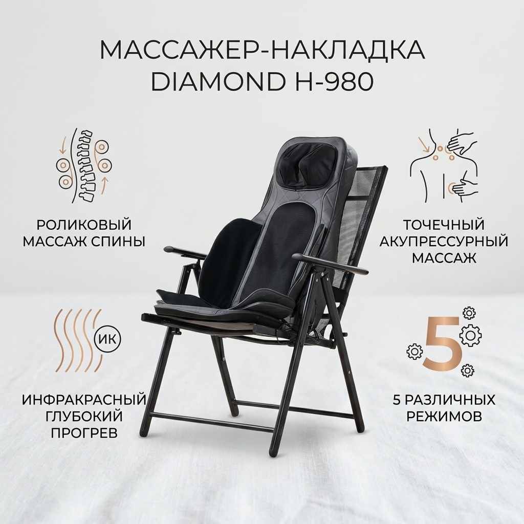 Массажер Diamond H-980 накладка на спинку стула акупунктурный, вибрационный, разогревающий, инфракрасный прогрев, роликовый
