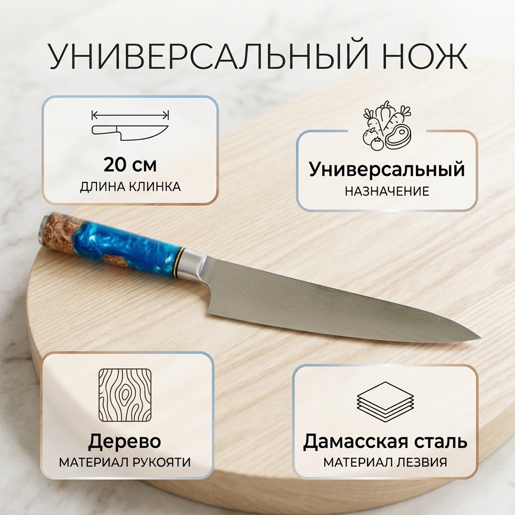 Нож универсальный , лезвие: дамасская сталь 1 шт