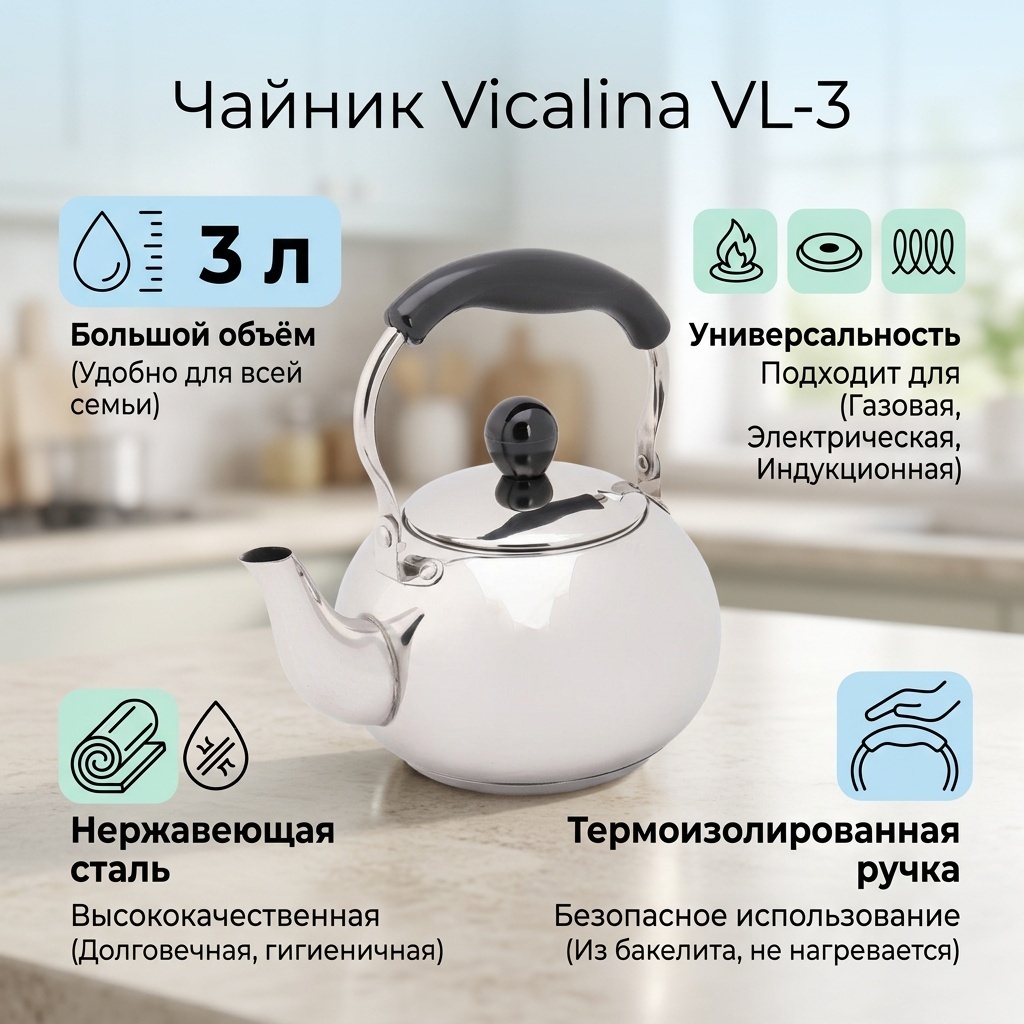Vicalina чайник VL-3 3 л, нержавеющая сталь, латунь