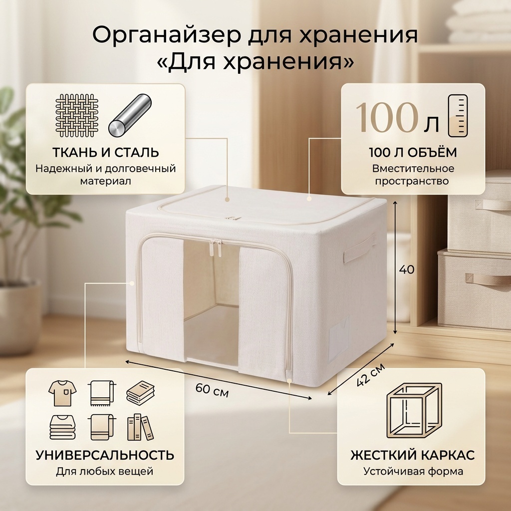 Органайзер универсальный 42x60x40 см, текстиль, нержавеющая сталь