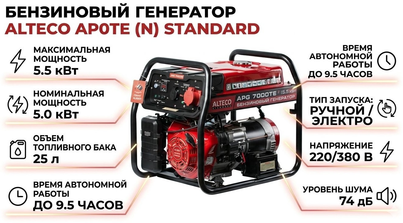 Электростанция бензиновая ALTECO 5 кВт 3 (380/220 В), APG 7000 TE 19707