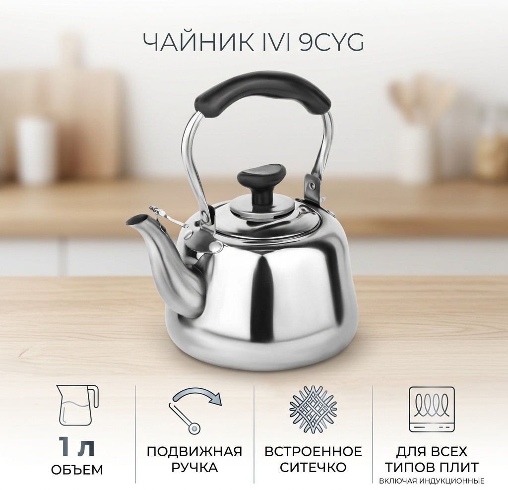 Чайник IVI 9CYG 1 л, нержавеющая сталь