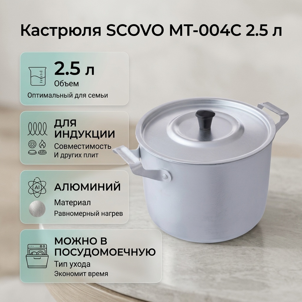 Кастрюля 2.5 л, SCOVO МТ-004С алюминий