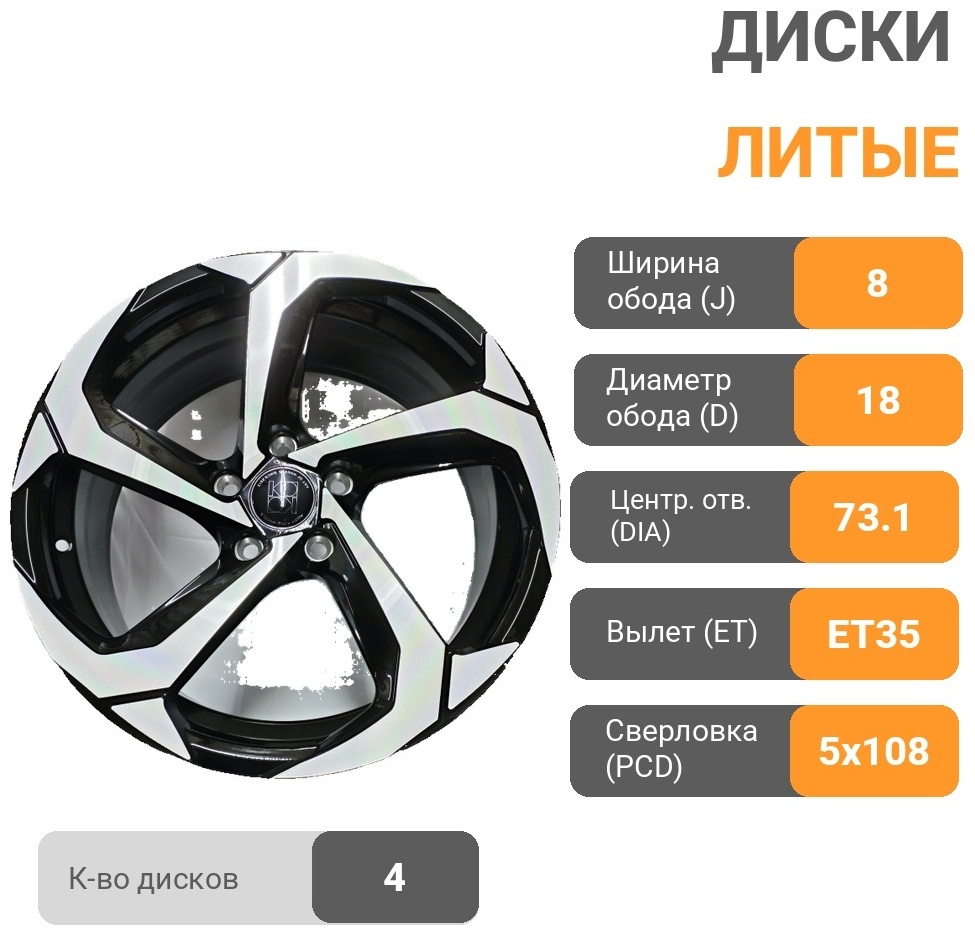 Chery/Exeed Jac 18/5x108 8x18/5x108 D73.1 ET35 4 диска черный, серебристый