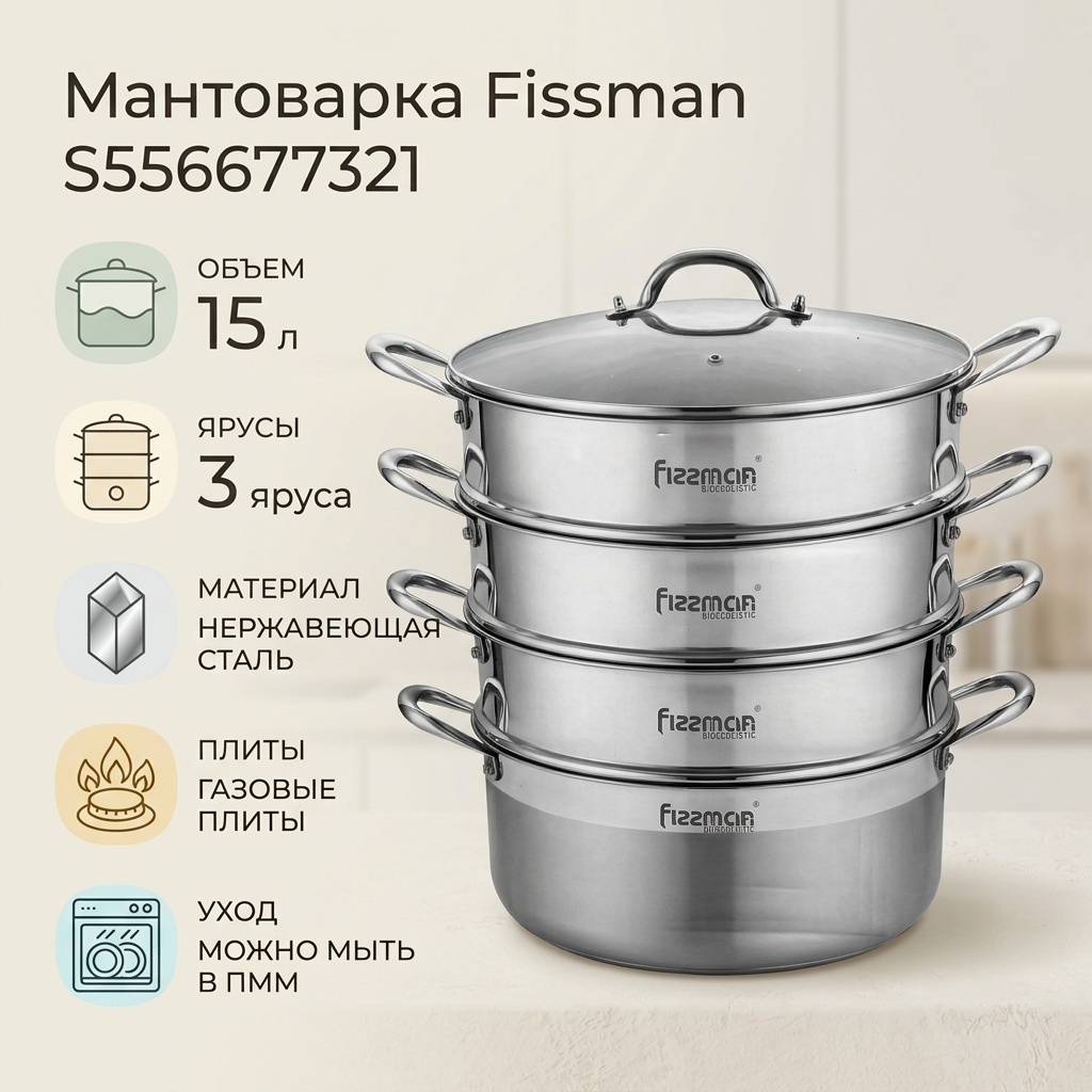 Мантоварка 15 л, Fissman нержавеющая сталь, количество ярусов: 3